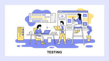 Yazılım geliştirme ekibi birlikte çalışıyor. Geliştirici yeni yazılımı test ediyor. Kontrol paneli, analiz, takım çalışması, programcı, teknoloji. Vektör web sitesi tasarım şablonu. İniş sayfası illüstrasyonu