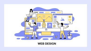 Tasarımcılardan oluşan ekip yeni bir proje geliştiriyor. Web tasarımı ve dijital grafik konsepti. Çizim, logo, telgraf. Vektör web sitesi tasarım şablonu. İniş sayfası illüstrasyonu