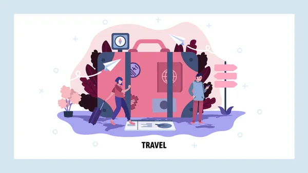 Σχέδιο ταξιδιού και διακοπών. Τουρίστες με ταξιδιωτική βαλίτσα. Καλοκαιρινές διακοπές. Διάνυσμα πρότυπο σχεδιασμού ιστοσελίδας. Εικονογράφηση ιστοσελίδας προορισμού — Διανυσματικό Αρχείο