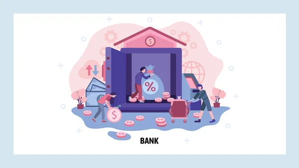Bank and money safe box concept. Investment, deposit, cash savings, treasure. Vector web site design template. Landing page website illustration — Stock Vector