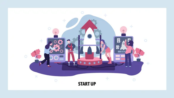 Startup business team build rocket. Start up launch. Teamwork, technology, engineer, mechanic. Vector web site design template. Landing page website illustration — Stock Vector