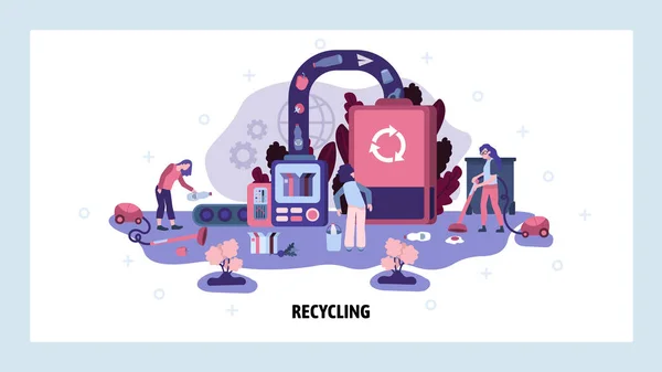 Garbage sorting and recycling factory. Trash recycle ecology concept. People collect waste ans send to recycle plant. Vector web site design template. Landing page website illustration — Stock Vector