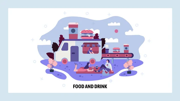 Couple relax in a park next to food truck. Fast food van, picnic, weekend activity, burger and soda. Vector web site design template. Landing page website illustration — Stock Vector