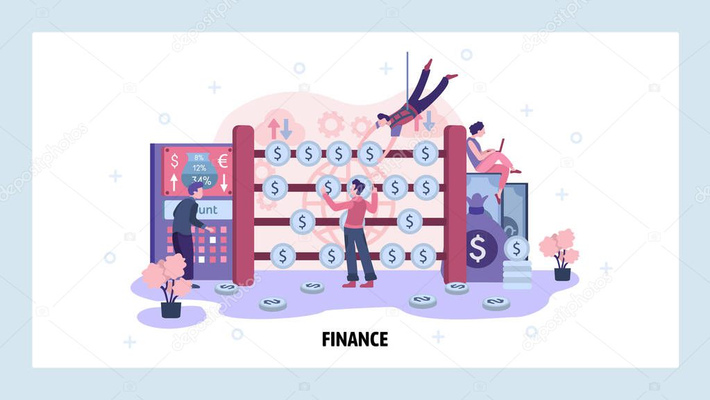 Business financial management and accounting concept. Finance team, money management, budget analysis, investment audit. Modern abacus. Vector web design template. Landing page website illustration