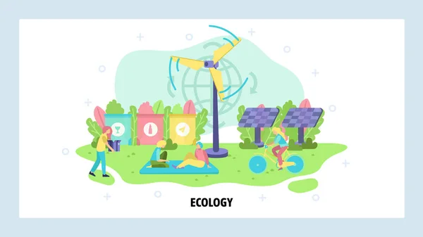 Green energy and renewable power sources, wind turbine, solar panels. Environment eco concept, ecology, waste sorting, sustainable lifestyle. Vector web site landing page website illustration. — Stock Vector
