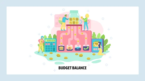 Ev bütçesi ve aile finansmanı. Para harcamaları, masraflar ve harcamalar planlanıyor. Kişisel tasarruflar. Vektör web sitesi tasarım şablonu. İniş sayfası illüstrasyonu.