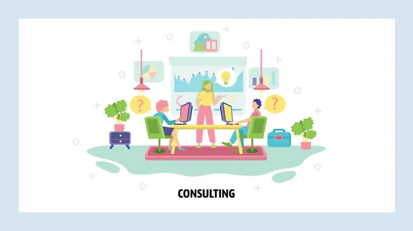 Business meeting and conference. Teamwork in office, business presentation and consulting. Consulting, coaching and training. Vector web site design template. Landing page website illustration. — Stock Vector