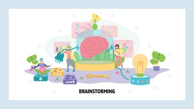 İnsan beyni fişe ve ampule bağlı. Yaratıcı fikir ve beyin fırtınası kavramı. İnsan aklı, düşünme süreci, hafıza. Vektör web sitesi tasarım şablonu. İniş sayfası illüstrasyonu.