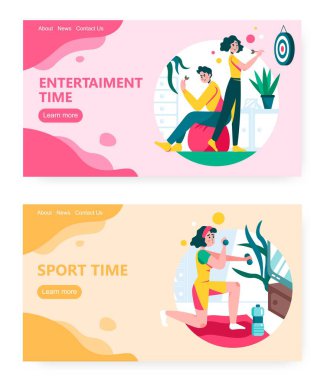 Erkek ve kadın dart oynuyor. Evde kız egzersizi. Corona virüsü karantina zaman çizelgesinde evinizde kalın. Vektör web sitesi tasarım şablonu. İniş sayfası illüstrasyonu.