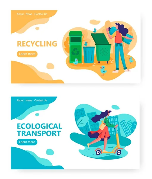 Smistamento rifiuti e plastica riciclare concetto illustrazione. Ragazza su uno scooter. Stile di vita eco urbano. Ambiente, ecologia. Modello di design del sito web vettoriale. Pagina di destinazione illustrazione del sito web . — Vettoriale Stock