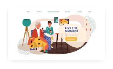 Genç adam yaşlı kadına telefonu kullanmayı öğretiyor. Dijital teknoloji ve cep telefonu bağımlılığı illüstrasyonu. Vektör web sitesi tasarım şablonu. İniş sayfası illüstrasyonu.