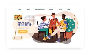 Cep telefonu bağımlısı çok ırklı arkadaşlar kahve içmek için kafede buluşurlar. Akıllı telefon bağımlılık konsepti çizimi. Vektör web sitesi tasarım şablonu. İniş sayfası illüstrasyonu.