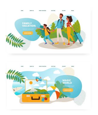 Aile seyahati konsepti çizimi. Çocuklarla tatil, seyahat çantası. Vektör web sitesi tasarım şablonu. İniş sayfası illüstrasyonu.