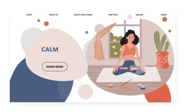 Kadın lotus pozisyonunda oturuyor. Kız evde yoga ve meditasyon yapıyor. İç mekan, mumlar. İllüstrasyon kavramı. Vektör web sitesi tasarım şablonu. İniş sayfası illüstrasyonu