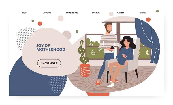 Happy family expecting baby. Pregnant woman stay with her partner at home. Pregnancy and parenthood concept illustration. Vector web site design template. Landing page website illustration — Stock Vector