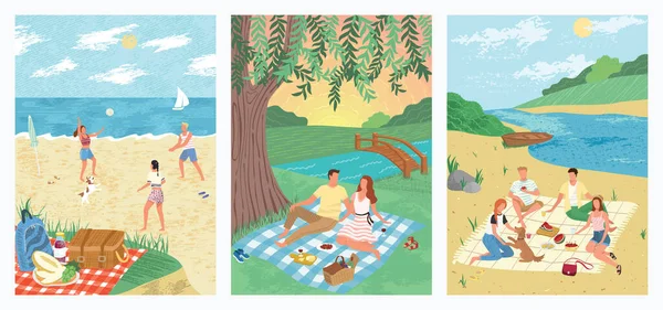 Vacaciones de verano en el mar tropical playa vacaciones concepto vector ilustración. La gente juega voleibol en la arena. Pareja beber vino y ver la puesta de sol en un parque. Amigos en el picnic, actividad al aire libre — Vector de stock