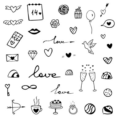 Sevgililer Günü karalama elementleri. Romantik el çizimi vektör illüstrasyonuna bayılırım. Kutlama kartları, posterler, çıkartmalar, kartlar ve mevsimsel tasarım için Sevgililer Günü öğeleri.