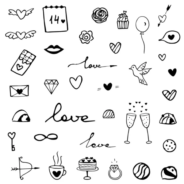 Set Valentines Day Doodle Elements Love Romantic Hand Drawn Vector — 스톡 벡터