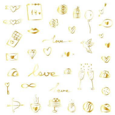 Sevgililer Günü altın karalama elementleri seti. Romantik el çizimi vektör illüstrasyonuna bayılırım. Kutlama kartları, posterler, çıkartmalar, kartlar ve mevsimsel tasarım için Sevgililer Günü öğeleri.