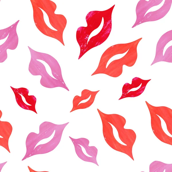 Vermelho Rosa Lábios Sem Costura Padrão Maquiagem Moda Illustration Kisses — Fotografia de Stock
