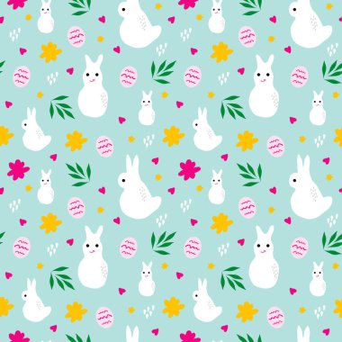 Paskalya tavşanı ve yumurtaların vektörlü olduğu kusursuz paskalya şablonu. Karalama biçiminde paskalya arkaplanı vektör renginde
