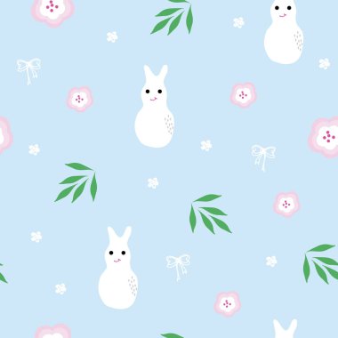 Paskalya tavşanı ve yumurtaların vektörlü olduğu kusursuz paskalya şablonu. Karalama biçiminde paskalya arkaplanı vektör renginde