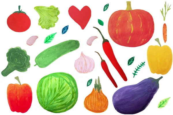 Conjunto Vegetais Comida Vegetariana Legumes Desenhados Mão Guache Tomate Cenoura — Fotografia de Stock