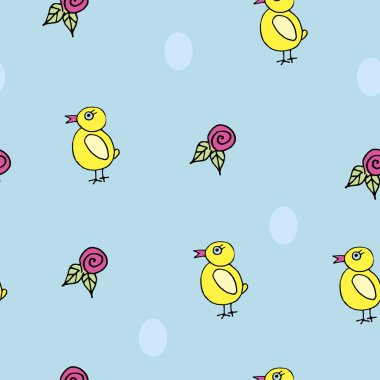 Piliç ve çiçeklerle paskalya pürüzsüz deseni. Paketleme, tekstil, kumaş için paskalya pürüzsüz deseni.