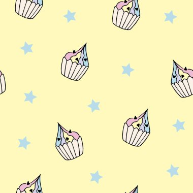 Cupcake 'ler vektör olarak karalama tarzında kusursuz desenli. Tatlı, lezzetli kek arka planı