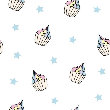 Cupcake 'ler vektör olarak karalama tarzında kusursuz desenli. Tatlı, lezzetli kek arka planı
