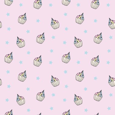 Cupcake 'ler vektör olarak karalama tarzında kusursuz desenli. Tatlı, lezzetli kek arka planı