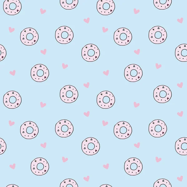 Donuts Seamless Pattern Doodle Style Vector Сладкие Вкусные Пончики Фон — стоковый вектор