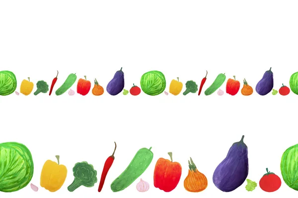 Gwasz Ręcznie Rysowane Warzywa Bezszwowe Granicy Ekologiczne Warzywa Dekoracyjne Bez — Zdjęcie stockowe