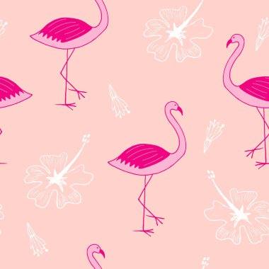 Flamingo ve tropik çiçeklerle kusursuz desen. Paketleme, tekstil, kumaş, duvar kağıdı için flamingo tropikal desen