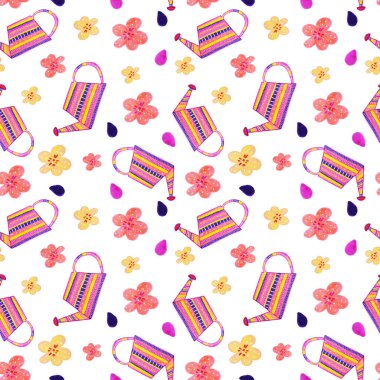 Su kovası ve keçeli kalemle çizilmiş çiçekler. Çocuksu bir yaz baskısı. Tekstil, kumaş, ambalaj, duvar kağıdı, çocuk modası