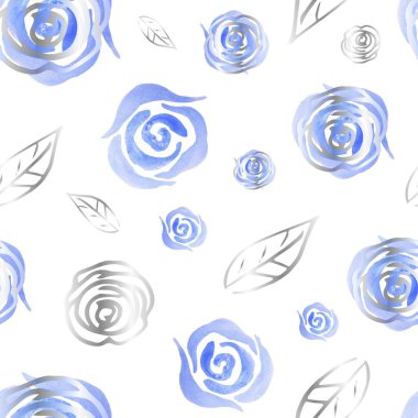 Mavi güller suluboya ve karalama desenleri. Tekstil, kumaş, ambalaj, duvar kâğıdı, düğün tasarımı için çiçek deseni