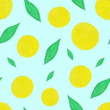 Limon ve limon dilimleri. Tekstil, kumaş, ambalaj, duvar kağıdı desenli limon el çizimi