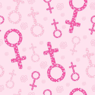 Kadın sembolü kusursuz desen. Venüs, vektör arka planında. Kız seksi ve cinsiyet tipinde kadınlar günü deseni. Kumaş, tekstil, ambalaj, duvar kağıdı için Venüs işaret deseni