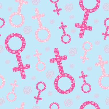 Kadın sembolü kusursuz desen. Venüs, vektör arka planında. Kız seksi ve cinsiyet tipinde kadınlar günü deseni. Kumaş, tekstil, ambalaj, duvar kağıdı için Venüs işaret deseni