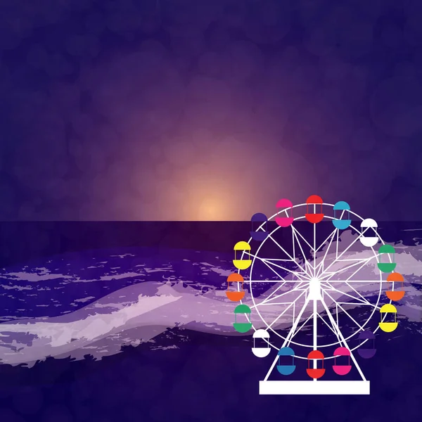 Night Sea Ferris Wheel Vector Illustration Sunset Beach — Stock Vector