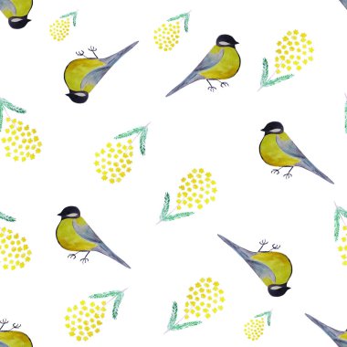 Göğüs faresi dikişsiz suluboya çizimi. Tekstil, kumaş, ambalaj, duvar kâğıdı için kuş deseni