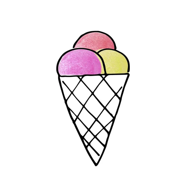 Single Hand Drawn Ice Cream Doodle Watercolor Illustration — Stock Photo, Image