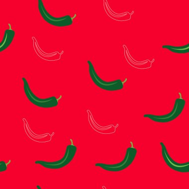 Şili biberleri dikişsiz desen vektörü. Mutfak tekstili, kumaş, ambalaj kağıdı, duvar kağıdı. Meksika ya da İspanyol mutfağı malzemesi.