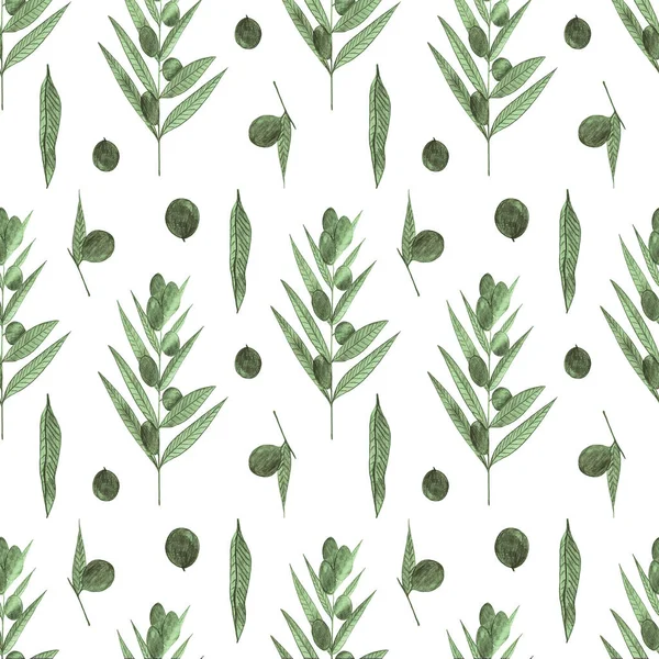 Olive branches seamless pattern  drawn by simple pencil. Olives print for textile, kitchen design, fabric, wrapping, wallpaper