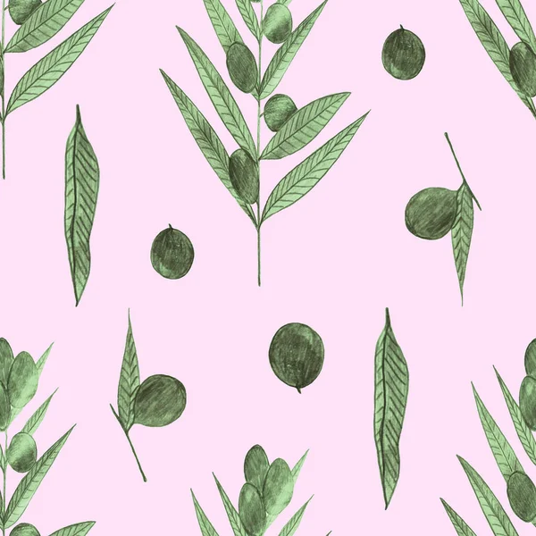 Olive branches seamless pattern  drawn by simple pencil. Olives print for textile, kitchen design, fabric, wrapping, wallpaper