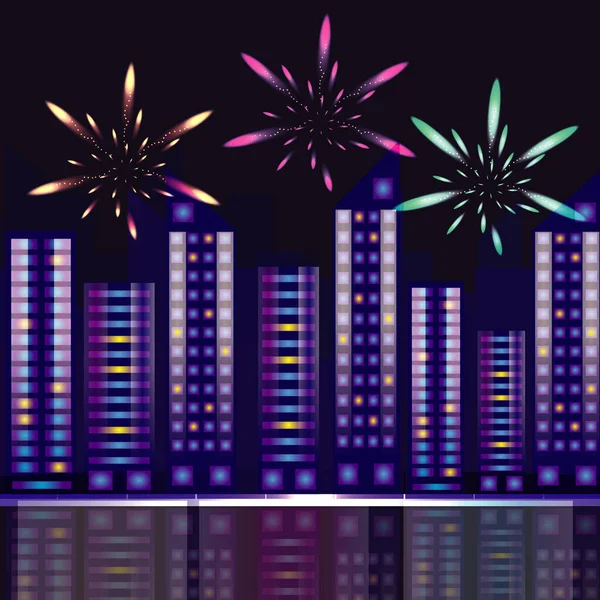 Beautiful Fireworks Night City Vector Illustration Holiday Fireworks Night City — Stock Vector