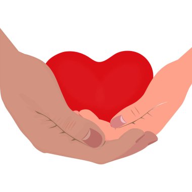 Love Safe in Two Loving Hands. Kırmızı Kalbi Bir arada Tutan İki El. Mutlu Aile Kavramı. Vektör İllüstrasyonu