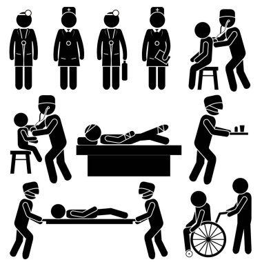 Tıbbi Tedavi Durumları 'ndan. Hasta ve Doktor İlişkileri. Cerrah, çocuk doktoru, hemşire. Şekil Resim Simgesi Çubuğu