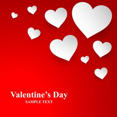 Kesik Kâğıt Kalpler Kırmızı Arkaplanda ve Sevgililer Günü Mesajı 'nda Güzel Aşk Afişi. Vektör İllüstrasyonu