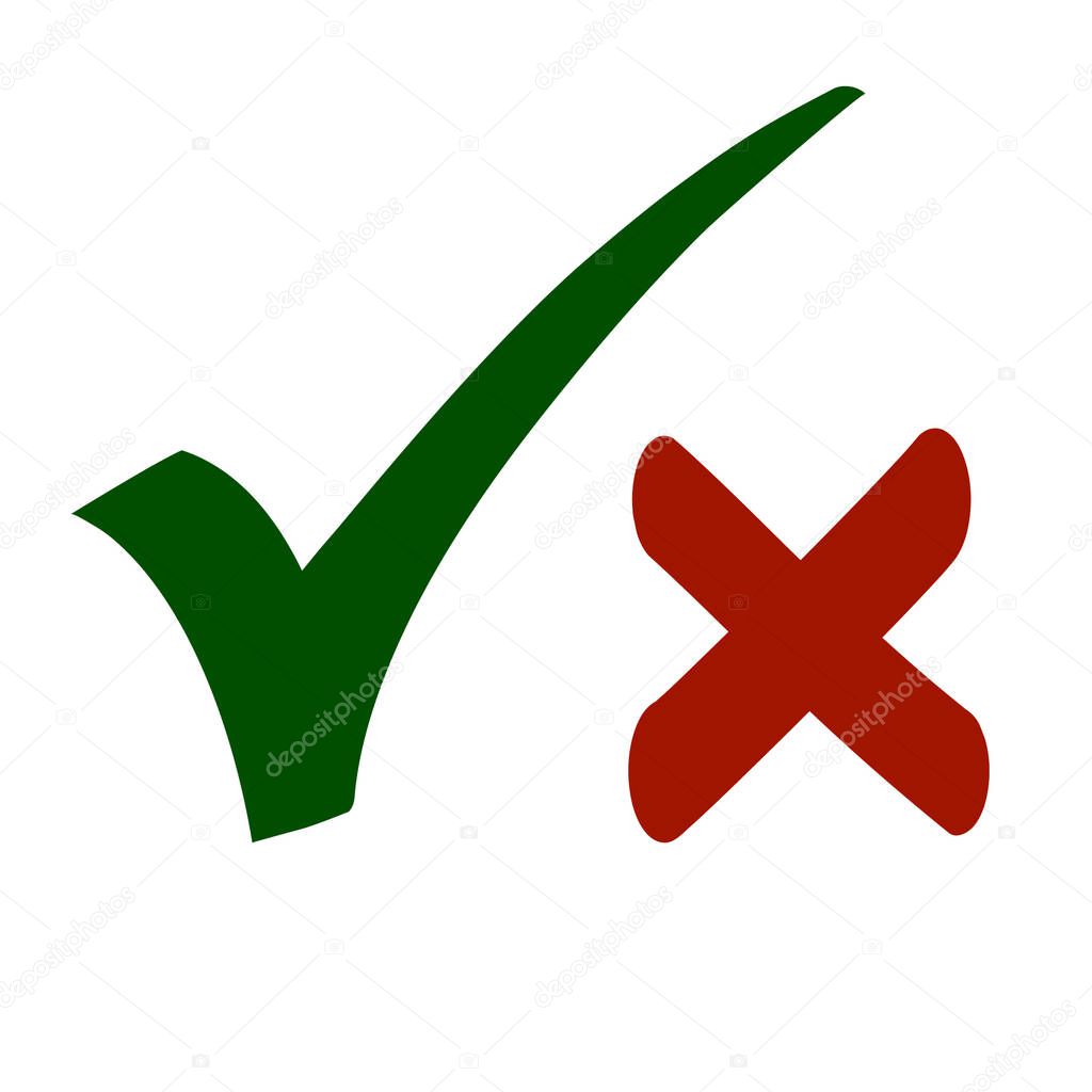 Hand Drawn Yes & No Check Mark Symbols in Red and Green Colors Isolated on White Background. Vector Illustration